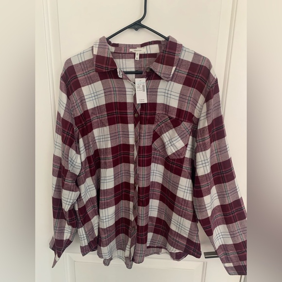 Maurices Tops - Plaid Button-Up Shirt in Burgundy, Pink, White and Blue.